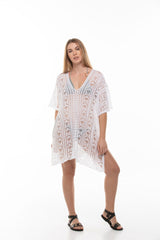 V Neck crochet open side tunic with tassels Style #7371