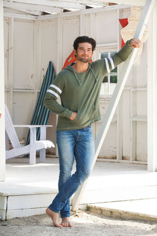 Super Soft Unisex Burn Out Wash Striped sleeve sporty hoodie w/ kangaroo pocket Style #4511